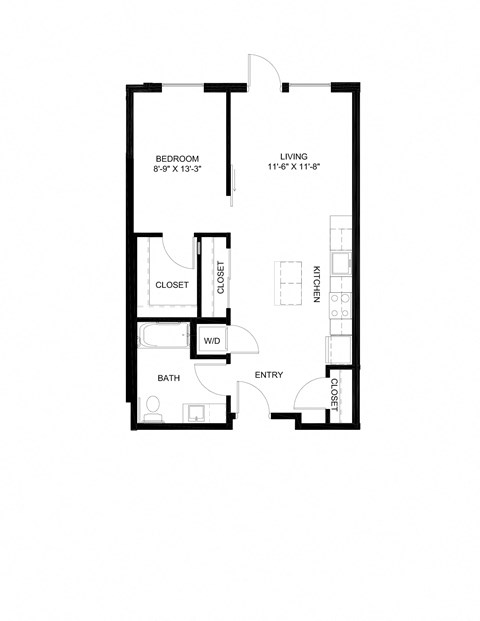 Floor plan for 1 bed, 1 bath, 684 sqft